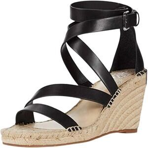 Vince Camuto Mesteria Black Leather Espadrille 3" Wedge Sandals 7